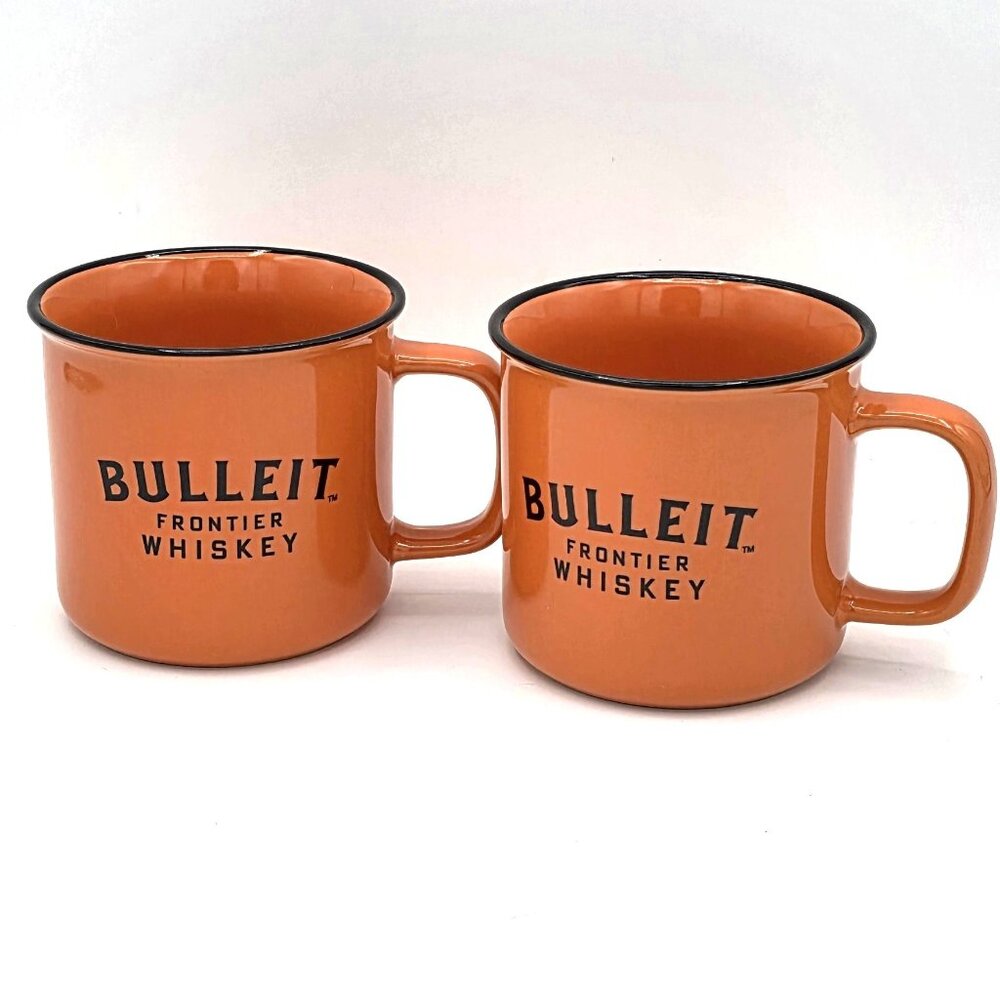 BULLEIT FRONTIER WHISKEY MUGS X2 Bourbon Campfire Orange Ceramic Coffee Camping